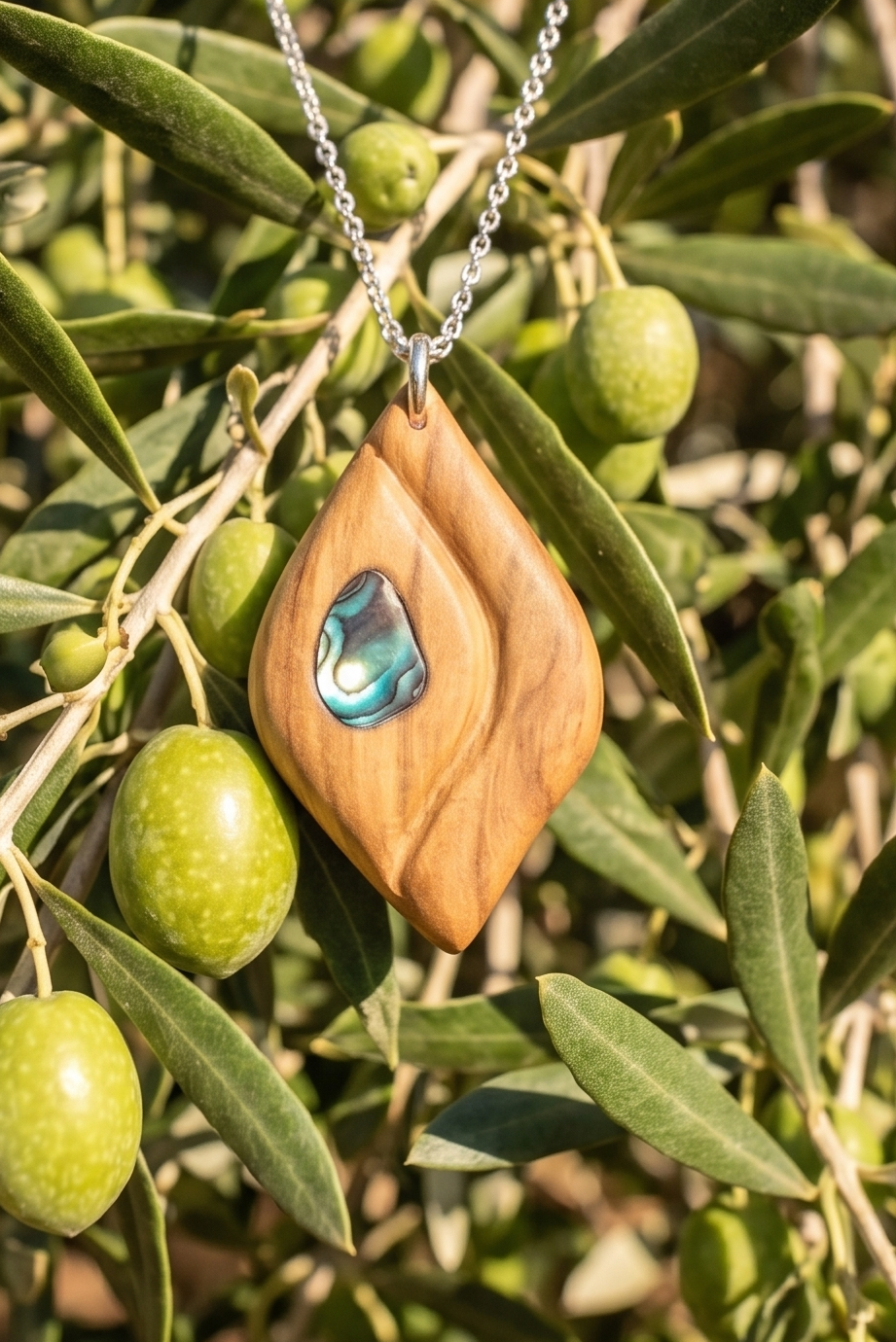 Olivenholz-Halskette mit funkelnder Abalone-Muschel