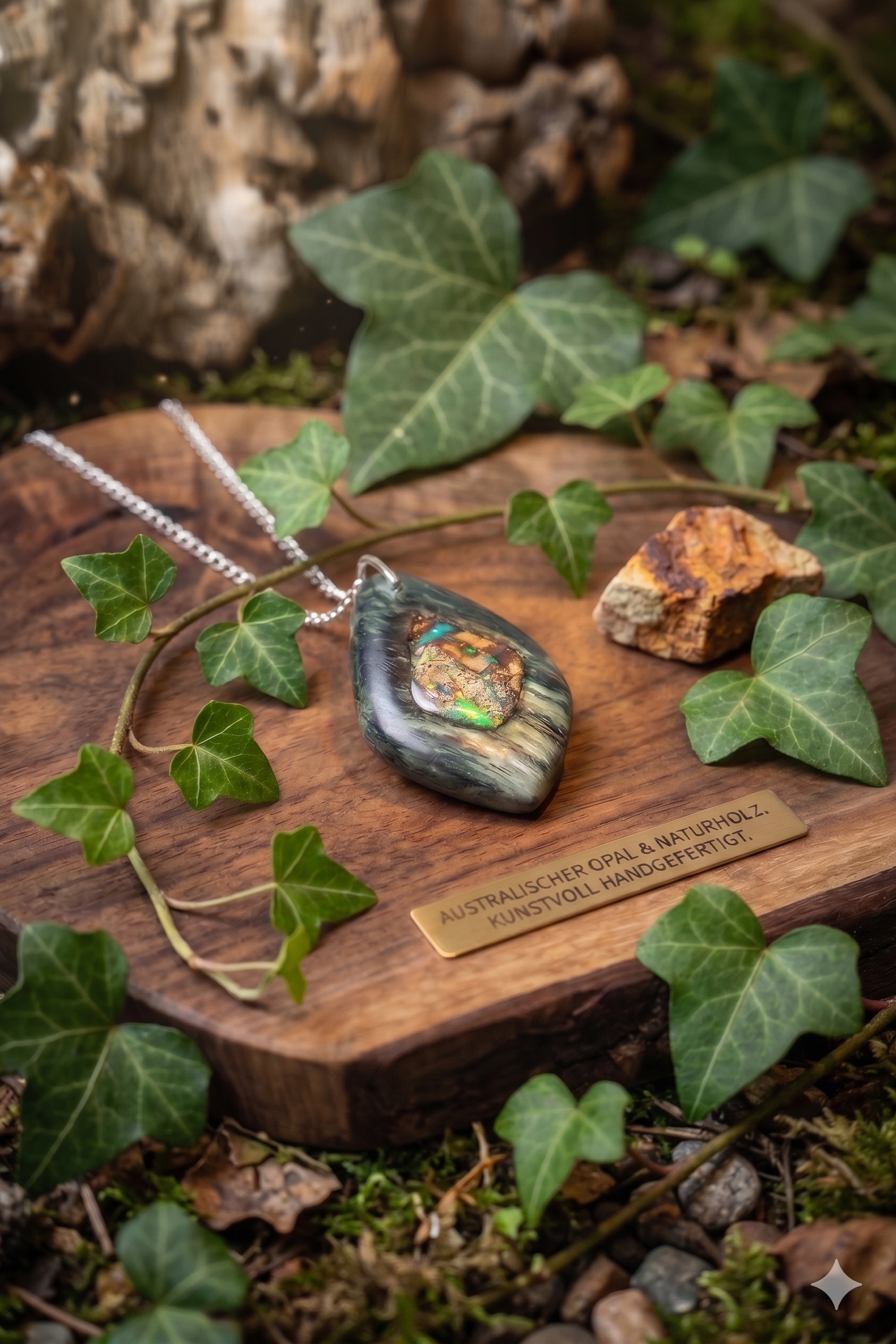 Edles Natur-Set: Kunstvoll gefertigter Holzschmuck mit funkelndem Boulder-Opal