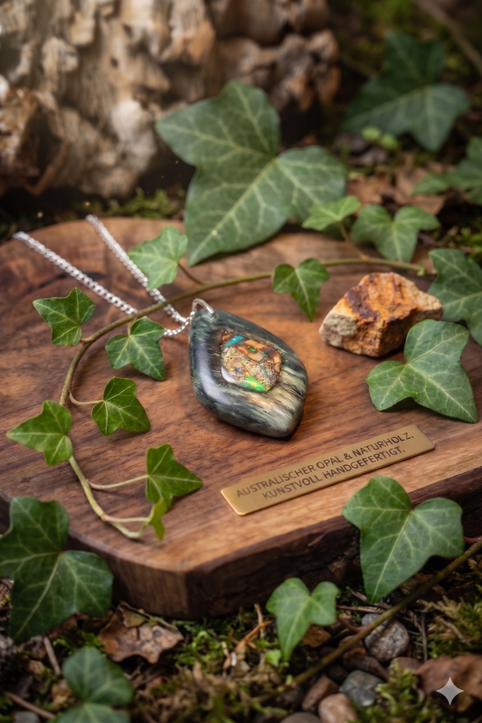Edles Natur-Set: Kunstvoll gefertigter Holzschmuck mit funkelndem Boulder-Opal