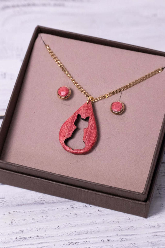 Schmuckset - Samtpfote aus handgefertigtem Holzschmuck mit modernem Katzenmotiv und zarten Linien.